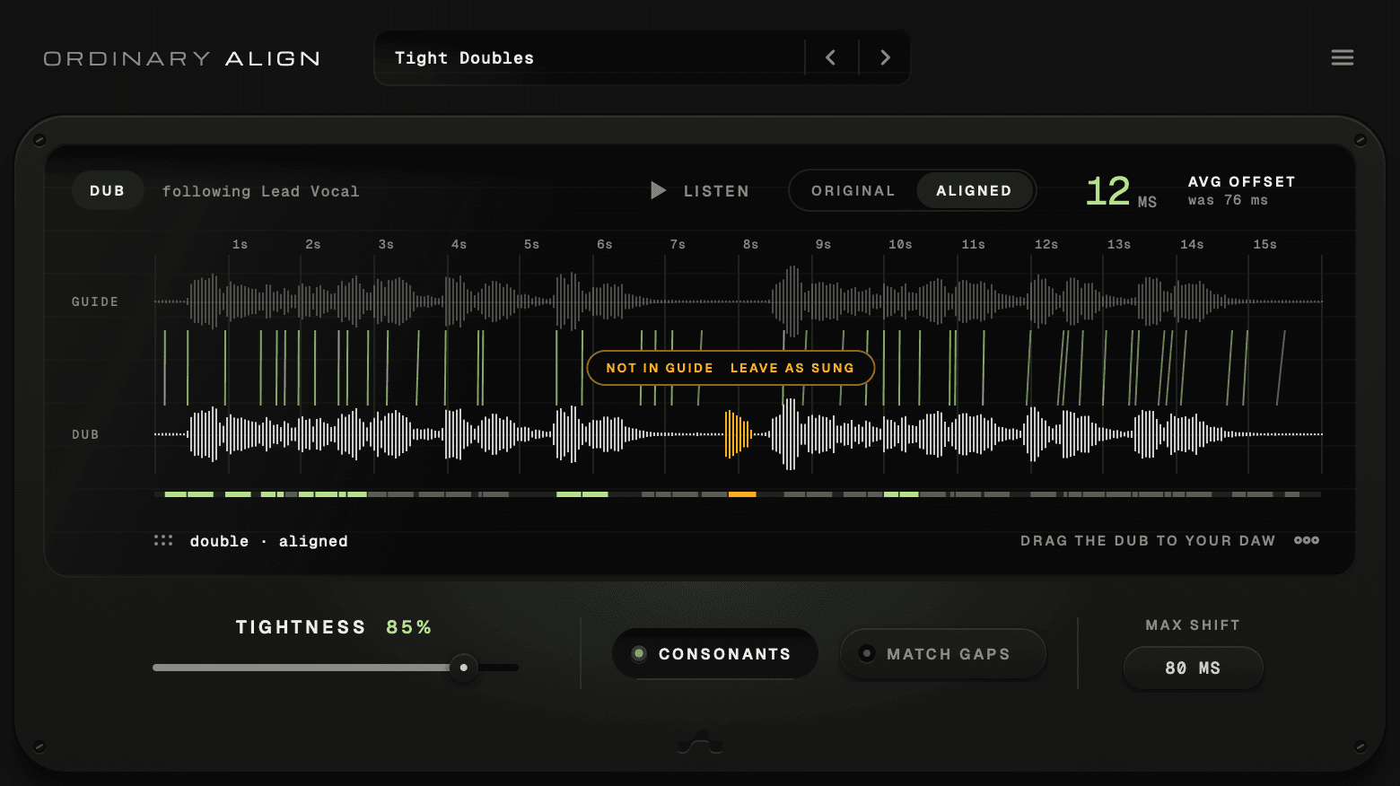 Ordinary Align plugin window: a lead vocal and its double, aligned