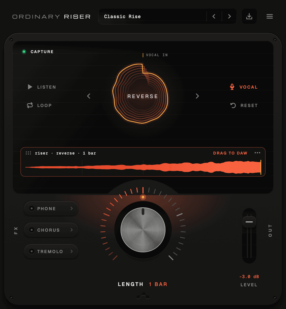 Ordinary Riser plugin window in Reverse mode